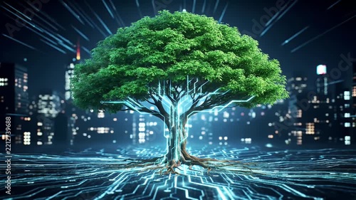 Glowing Neon Tree Wreathed in Digital Light with a Futuristic Cityscape