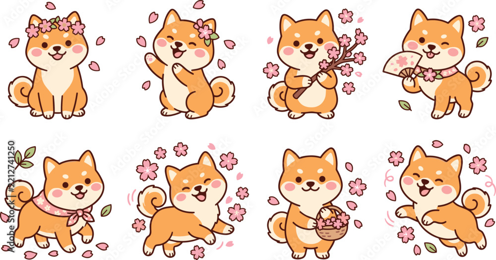Fototapeta premium Cute Cartoon Shiba Inu Character Collection Featuring Cherry Blossoms, Floral Crowns, Fan, Basket, Scarf, Spring Flowers, and Japanese Inspired Themes