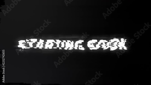 Starting soon glitch effect on a digital white text display is suitable for promotional videos, live stream announcements, virtual events.