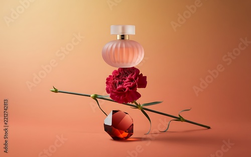  Artistic composition featuring pink perfume bottle resting on red carnation flower supported by gemstone against gradient background symbolizing beauty luxury elegance.