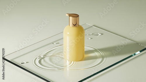 Yellow bottle with pump dispenser placed on transparent glass surface with circular patterns and droplets symbolizing skincare cosmetic product photography.