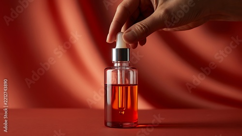 Hand holding dropper cap of small glass bottle filled with red liquid against fabric background symbolizing cosmetic serum product elegance.