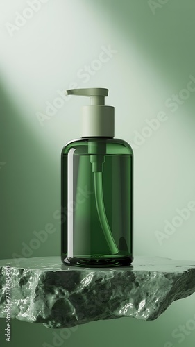 Minimalist translucent green pump bottle placed on textured stone surface with gradient background symbolizing skincare hygiene product photography elegance.