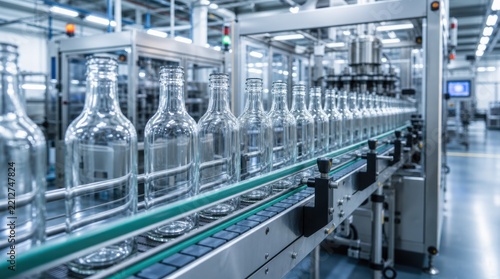 A modern factory conveyor belt with empty glass bottles lined up, ready for filling and packaging in a clean, automated production environment.