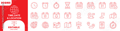 Time, date and location editable stroke outline icons set. Address line icons and navigation outline icons set. isolated on white background.	