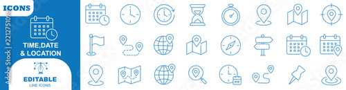 Time, date and location editable stroke outline icons set. Address line icons and navigation outline icons set. Address icon set, date calendar clock time location symbol, vector illustration . 