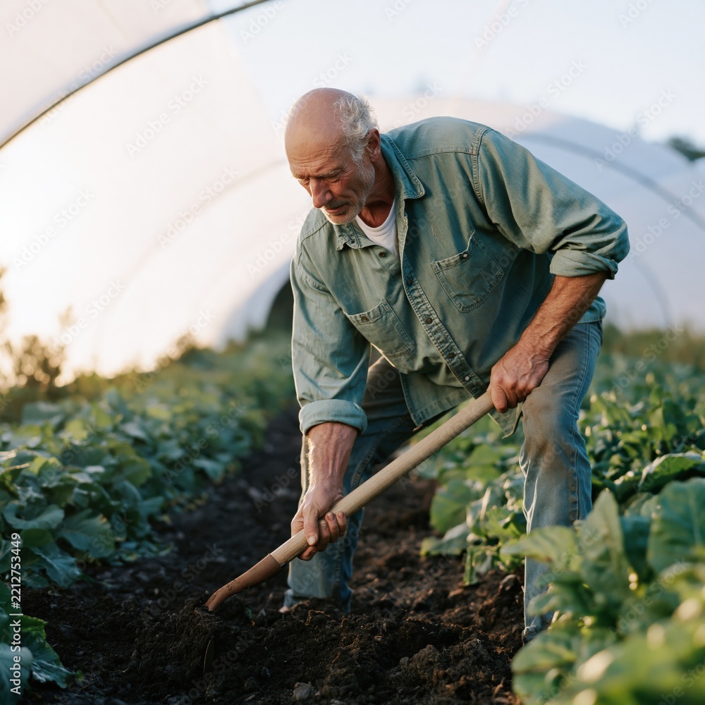 Fototapeta premium Elderly man working with shovel in greenhouse soil beds for organic gardening background and farm poster design