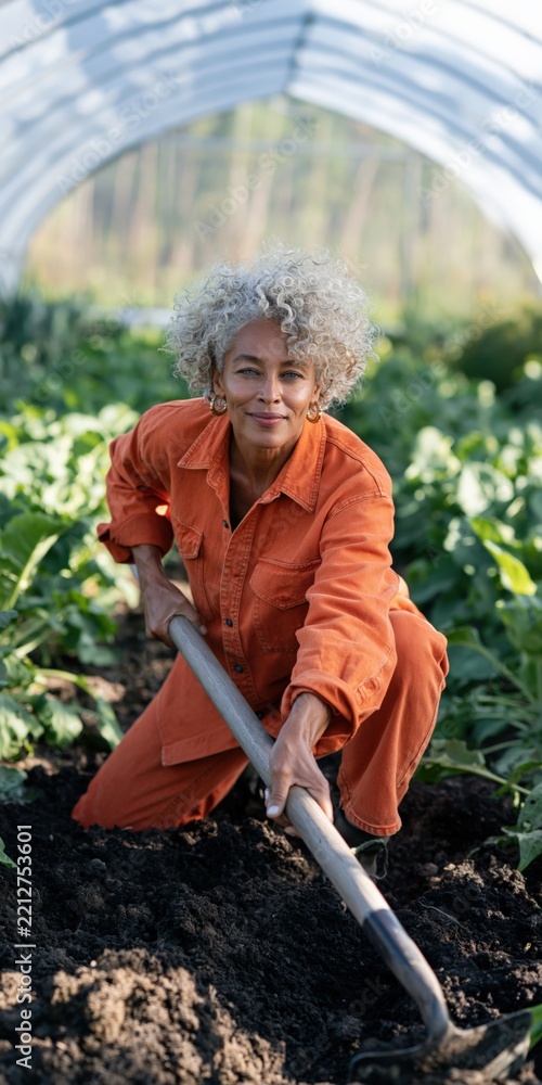 Fototapeta premium Mature gardener digging soil in a greenhouse polytunnel with a shovel for sustainable farming poster and agricultural background