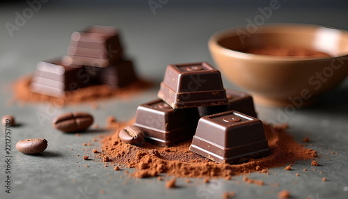 An elegant gourmet still life of dark chocolate, cocoa beans and natural cocoa powder on textured stone