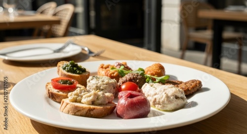 Appetizing array of small, colorful appetizers on a white plate, set on a wooden table