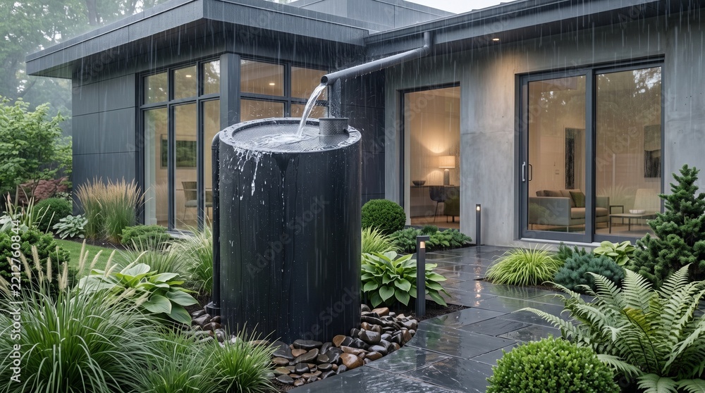 Obraz premium Modern house with rain collecting system and lush green garden in the rain