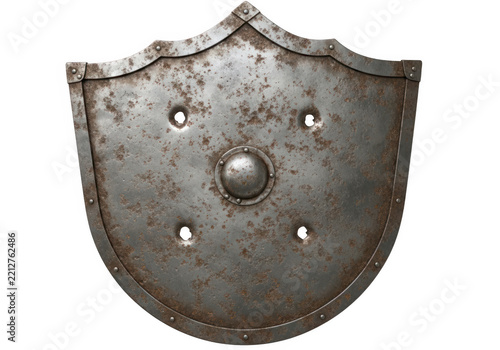 Old metal knight shield with rivets and boss