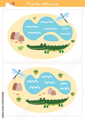 Find the differences educational game worksheet for kids with cute crocodile, dragonfly, and pond landscape.