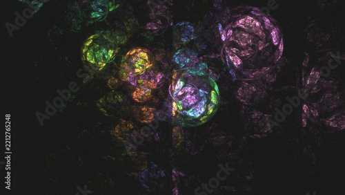 Obraz na plátně Colorful abstract fractal art with swirling patterns and glowing orbs on dark ba