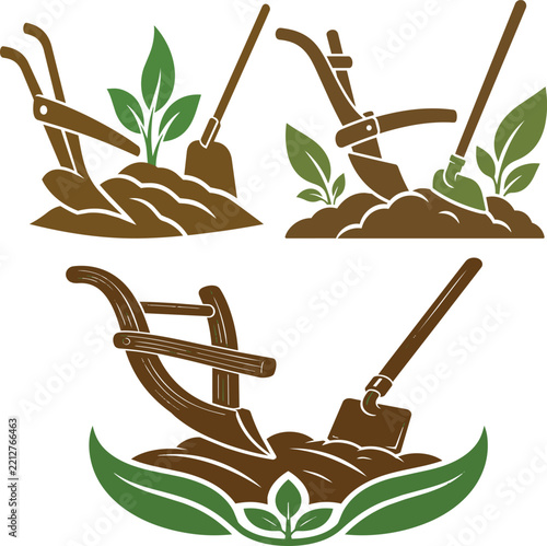 Agriculture farming tools with soil and green plant sprouts vector set