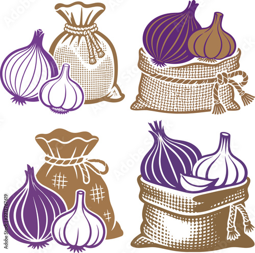Onion and garlic vegetable harvest in rustic burlap sacks vector set