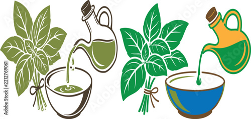 Olive oil pouring from glass cruets into bowls with fresh basil herbs