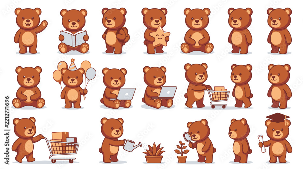 Fototapeta premium Vector cute brown teddy bear characters set in various poses and activities