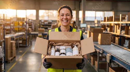 A cheerful female warehouse worker wearing a safety vest and gloves holds an open package filled with cosmetics and skincare products during sunset.