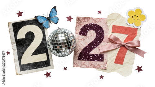 Numbers 2027 with butterfly disco ball bow and smiley flower, isolated on transparent background