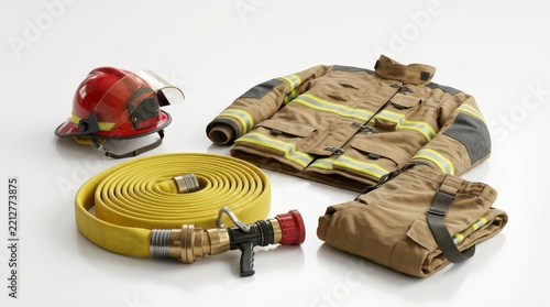 Firefighter Safety Equipment Including Jacket, Helmet, and Hose Ready for Emergency Response Services