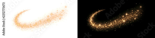 Abstract Golden Sparkling Light Trail and Star Swoosh on Split White and Black Background