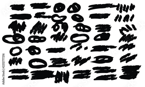 Set of black ink brush strokes and hand drawn circles