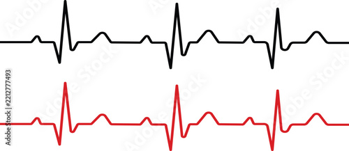 Black and red heart beat pulse lines representing medical rhythm isolated on a white background