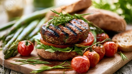 A grilled meat patty burger with fresh greens  cherry tomatoes  and asparagus on a wooden board