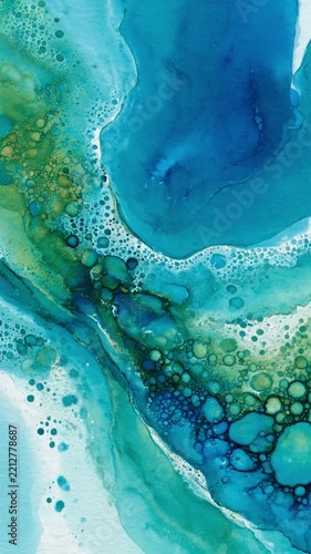 Vibrant flowing abstract watercolor in shades of blue and green, capturing fluid shapes and textures that evoke a sense of calm and nature-inspired beauty, perfect for artistic design projects.