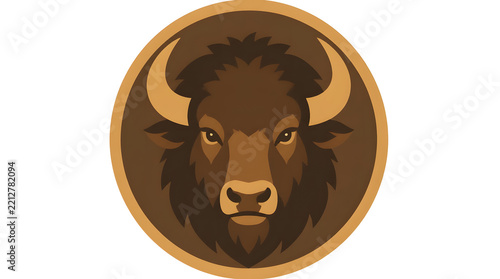 Bison head vector illustration curved horns nature wildlife brown gold circular background flat design