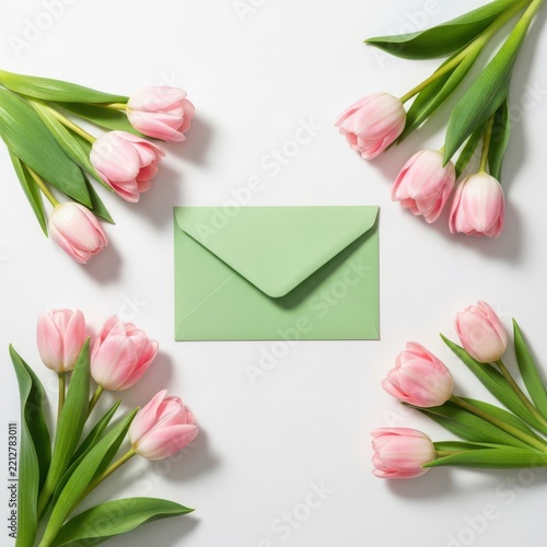 Green paper envelope surrounded by pink tulips on white background with flat lay