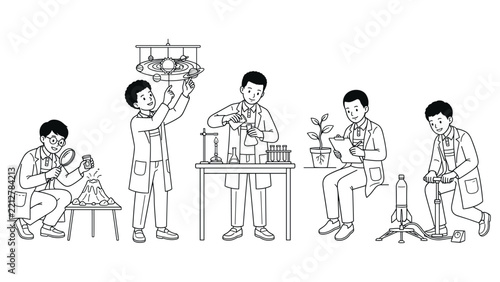 Group of children performing various scientific lab experiments.