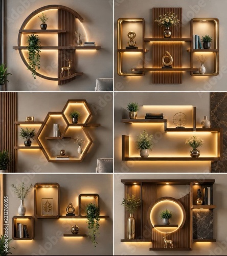 Artistic circular and rectangular wooden wall displays with slat panel accents.