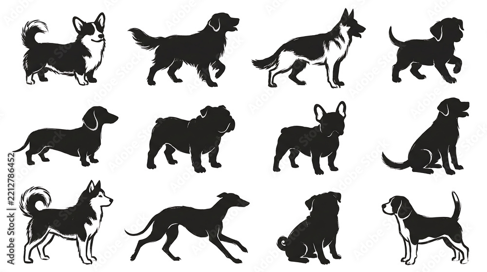 Fototapeta premium Collection of Twelve Different Dog Breed Silhouettes in Black and White