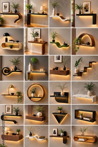 Modern minimalist wall floating shelves with integrated warm led backlight strip.