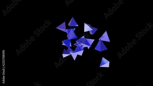 3D Blue Crystal Assembling from Floating Pyramids on Black Background