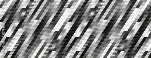 Abstract monochrome geometric background with horizontal lines. Optical illusion diagonal glitch pattern. Black and white linear halftone vector banner.