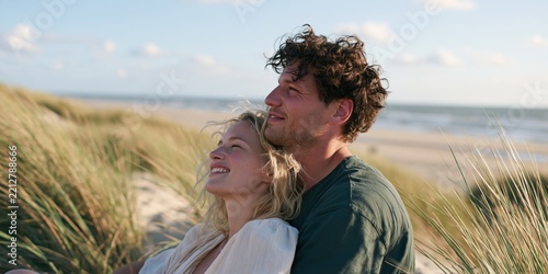 Young couple sitting on beach dunes smiling toward the ocean for romantic wallpaper and travel lifestyle background design