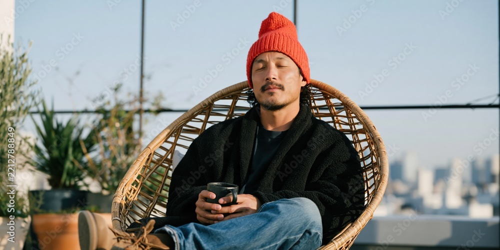 Fototapeta premium Relaxed man in red beanie and black coat seated in wicker hanging chair on rooftop with coffee for urban lifestyle background and morning wellness poster