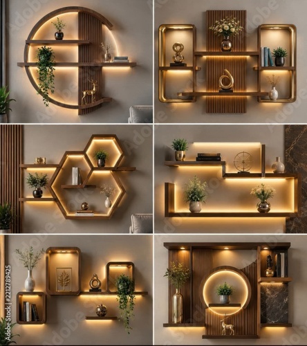 Geometrical wooden wall shelves illuminated with warm backlight for home decor.