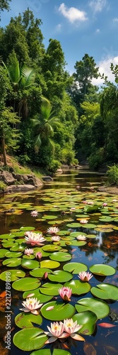 Pink Water Lilies and Lily Pads beside a Lush Green Bank