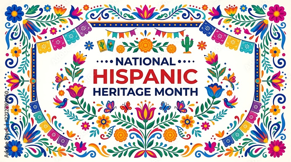 Fototapeta premium National Hispanic Heritage Month Celebration Banner with Traditional Mexican Folk Art Floral Pattern