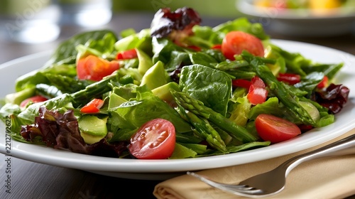 A vibrant fresh salad with mixed greens  cherry tomatoes  asparagus  and avocado slices served on a white plate
