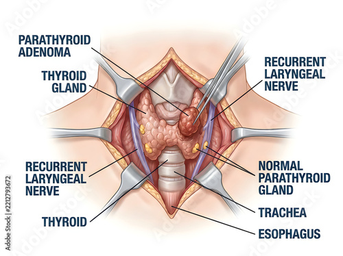 Anatomical illustration of thyroid gland surgery area isolated on white background