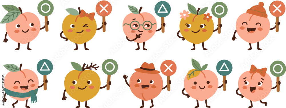 Fototapeta premium Cute Kawaii Peach Cartoon Character Set Holding True False Right and Wrong Signs with Cross Circle and Triangle Symbols for Kids Quiz Educational Designs