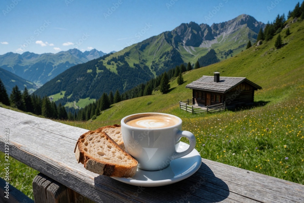 Fototapeta premium Person drinks hot cappuccino with bread slices on wooden balcony. Breakfast served at mountain hut terrace in Tyrol Alps. Beautiful landscape view with green hills, meadow, small wooden cabin under