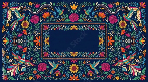 Vibrant Mexican Otomi Folk Art Frame with Colorful Birds and Flowers on a Navy Blue Background