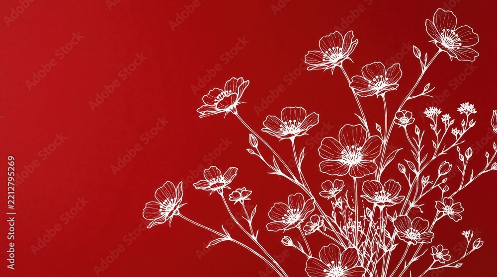 Fototapeta premium Red background with white hand drawn flower pattern. Minimalist floral illustration features delicate line art of blooming wild blossoms. Elegant botanical design for wedding invites, greeting cards,