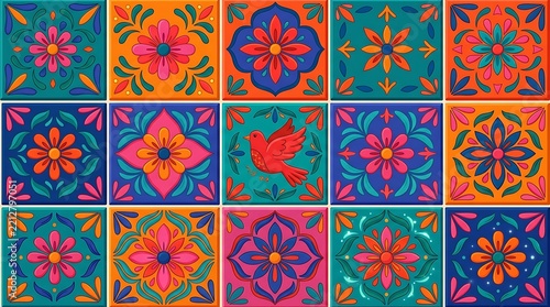 Vibrant Mexican Talavera Style Ceramic Tiles Pattern with Colorful Floral Ornaments and Red Bird